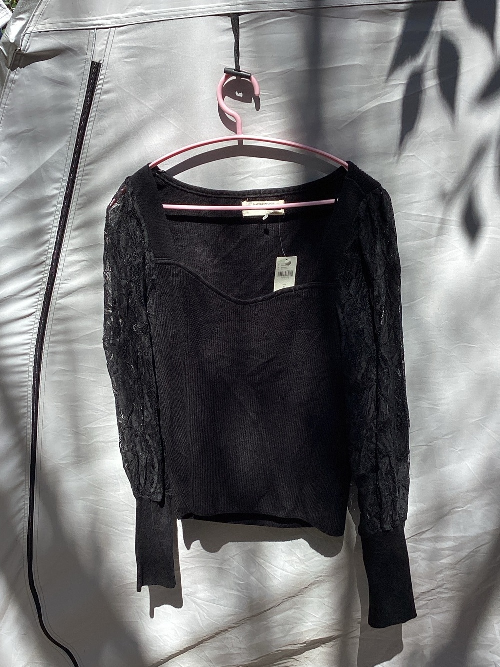 Anthropologie Black Lace-Sleeve Square Neck Knit Top